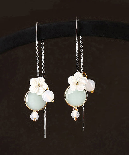 Unique Light Green Sterling Silver White Coloured Glaze Agate Shell Flower Drop Earrings LY2273