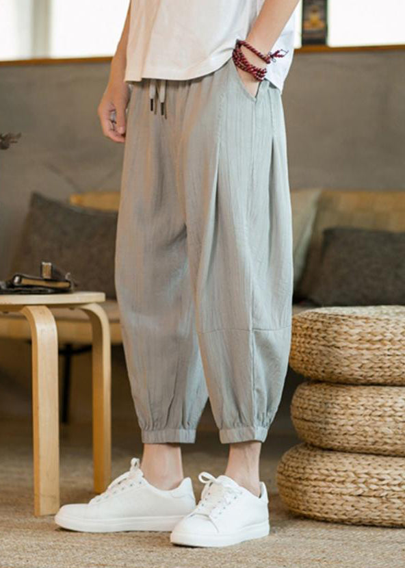 Unique Light Grey Elastic Waist Ice Silk Crop Pants Summer LY1951 - fabuloryshop