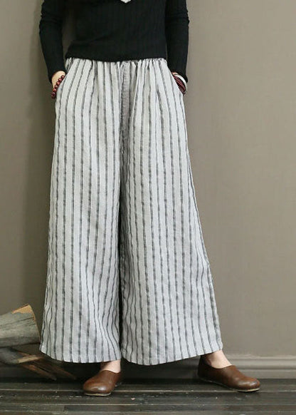 Unique Light Grey Elastic Waist Oversized Striped Linen Pants Trousers Summer LY1502 - fabuloryshop