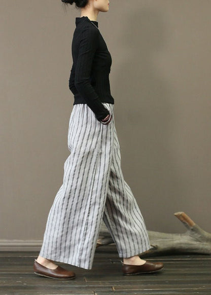 Unique Light Grey Elastic Waist Oversized Striped Linen Pants Trousers Summer LY1502 - fabuloryshop