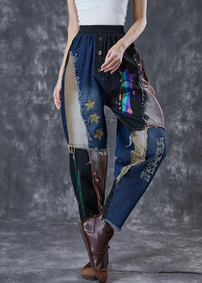 Unique Navy Asymmetrical Patchwork Cotton Harem Pants Fall Ada Fashion