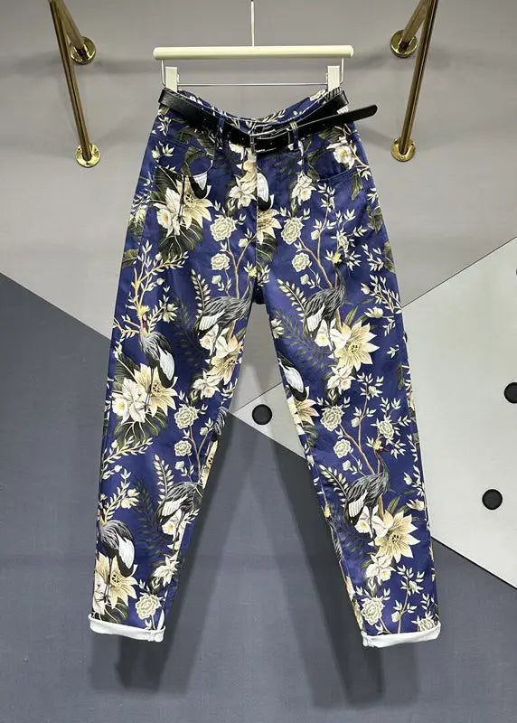 Unique Navy Print Pockets Patchwork Denim Pants Fall Ada Fashion