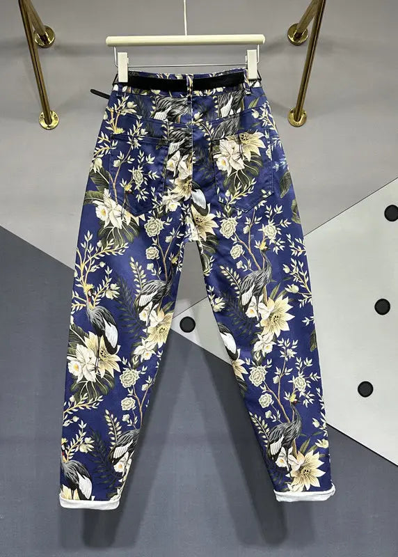 Unique Navy Print Pockets Patchwork Denim Pants Fall Ada Fashion