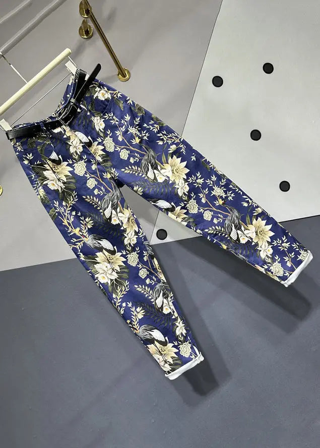 Unique Navy Print Pockets Patchwork Denim Pants Fall Ada Fashion