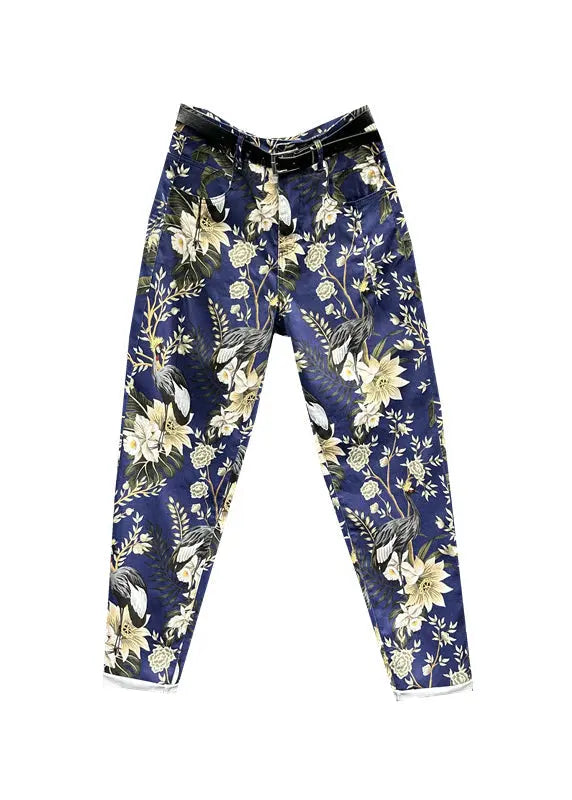 Unique Navy Print Pockets Patchwork Denim Pants Fall Ada Fashion