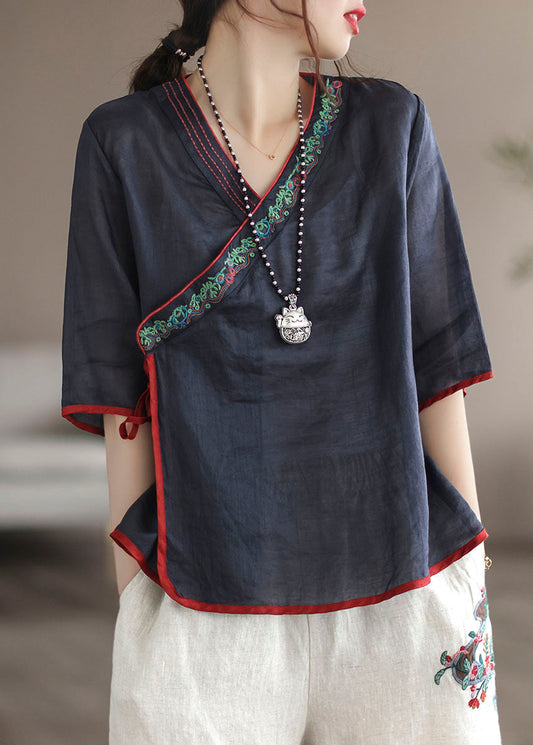 Unique Navy V Neck Embroideried Patchwork Linen Shirt Tops Summer Ada Fashion