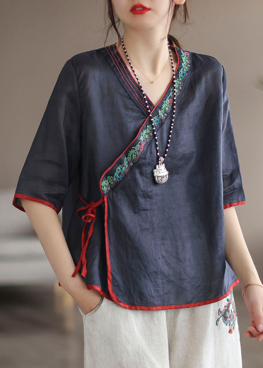 Unique Navy V Neck Embroideried Patchwork Linen Shirt Tops Summer Ada Fashion