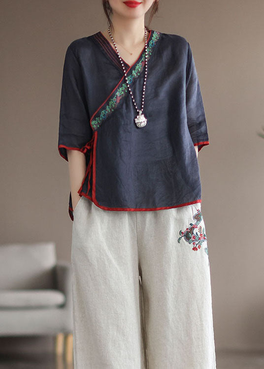 Unique Navy V Neck Embroideried Patchwork Linen Shirt Tops Summer Ada Fashion