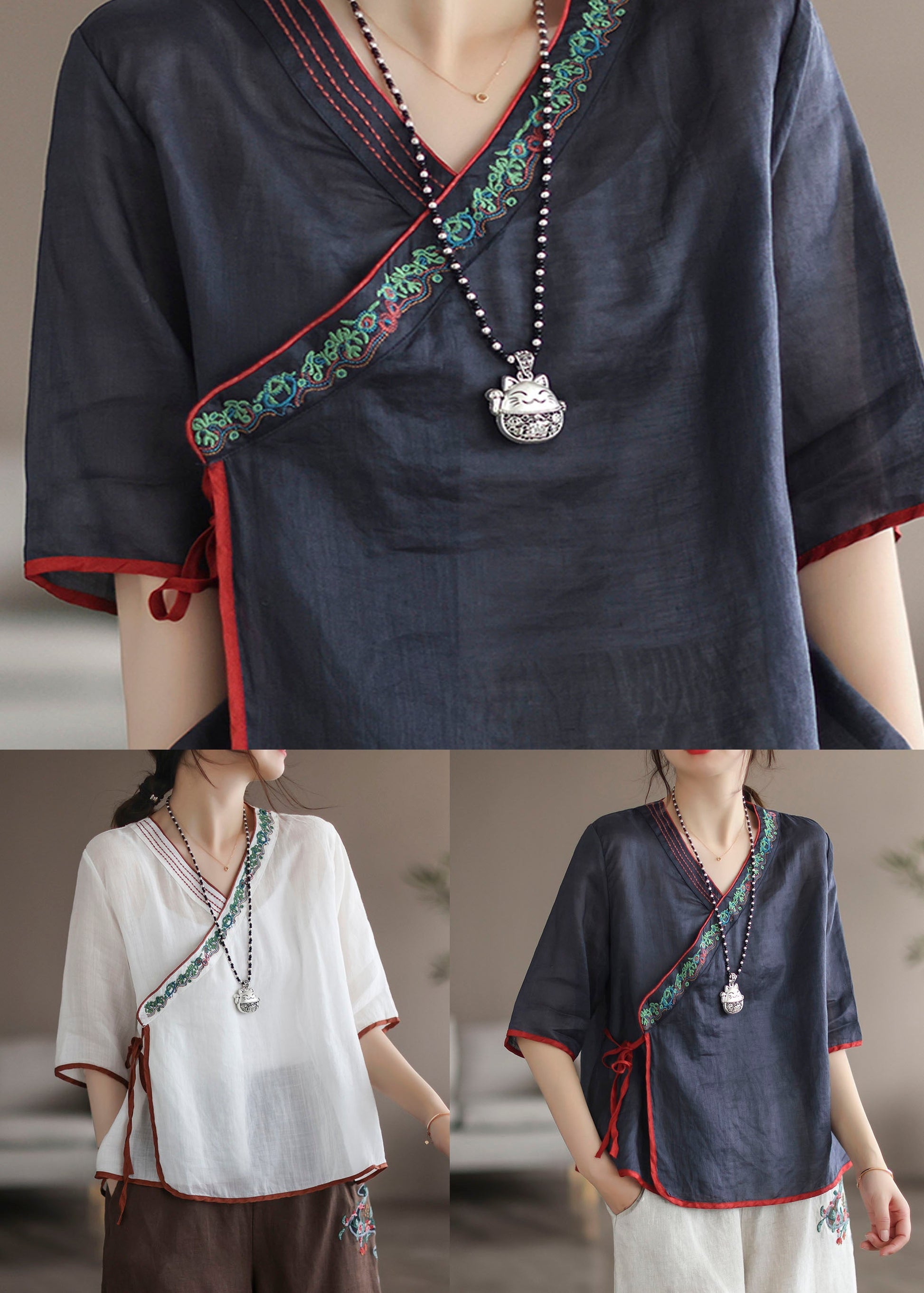 Unique Navy V Neck Embroideried Patchwork Linen Shirt Tops Summer Ada Fashion