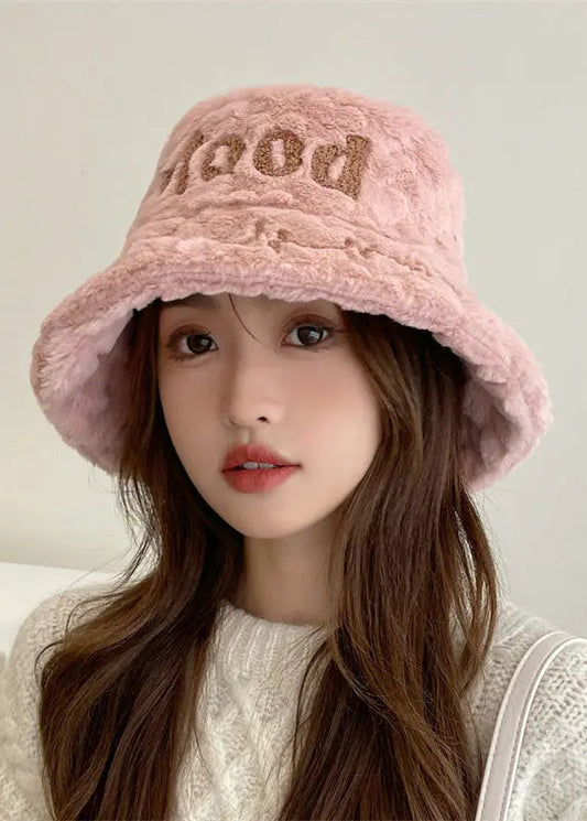 Unique Pink Fuzzy Fur Thick Graphic Bucket Hat Ada Fashion