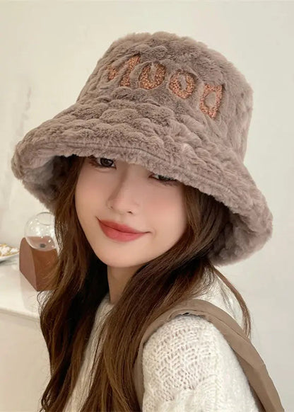 Unique Pink Fuzzy Fur Thick Graphic Bucket Hat Ada Fashion