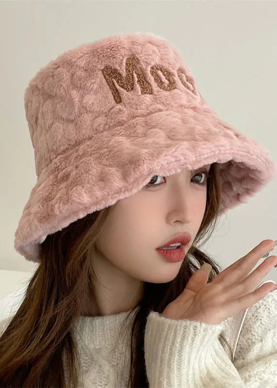 Unique Pink Fuzzy Fur Thick Graphic Bucket Hat Ada Fashion