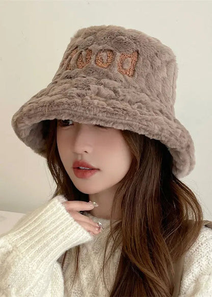 Unique Pink Fuzzy Fur Thick Graphic Bucket Hat Ada Fashion