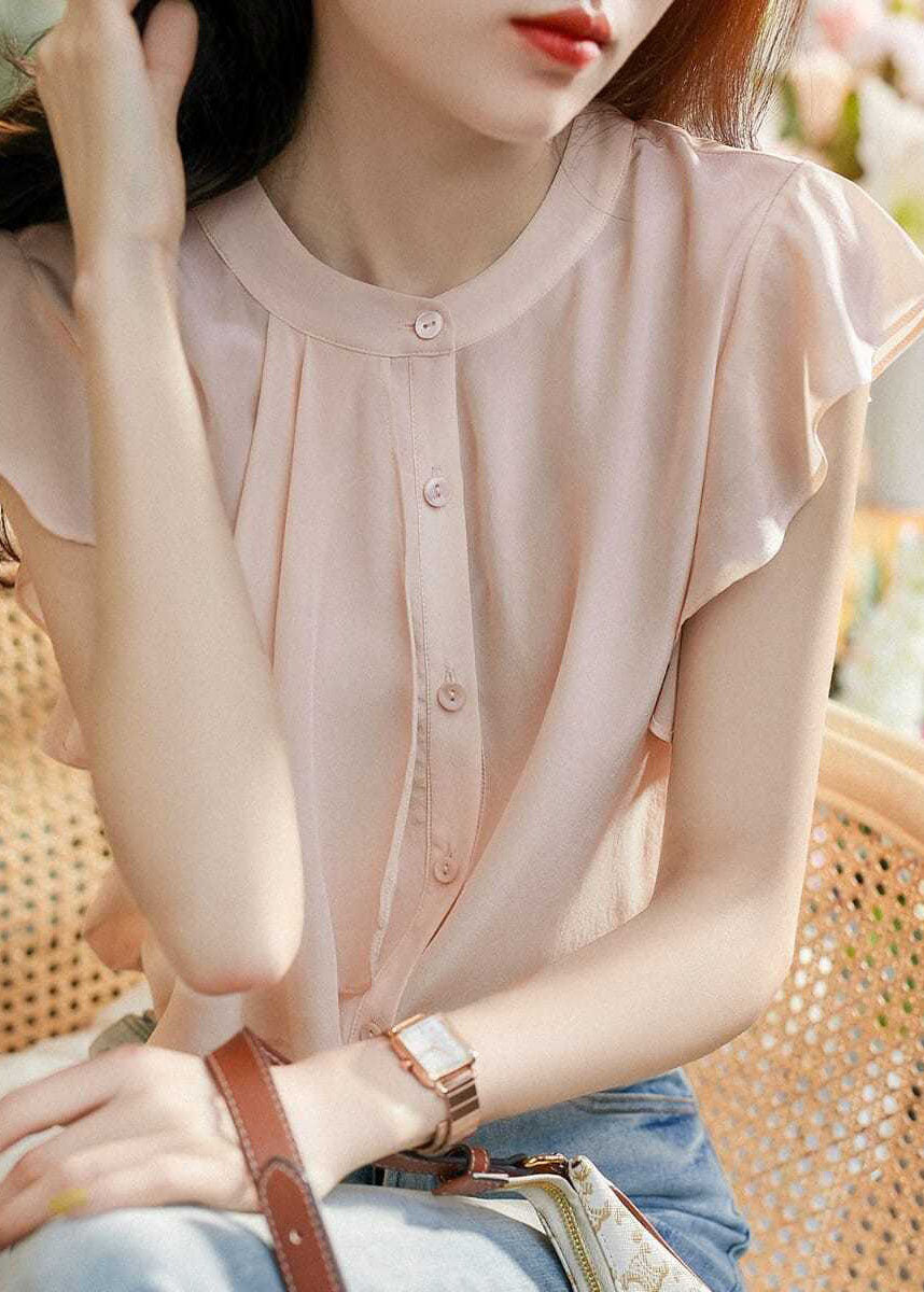 Unique Pink O Neck Patchwork Silk Top Butterfly Sleeves LY0067 - fabuloryshop