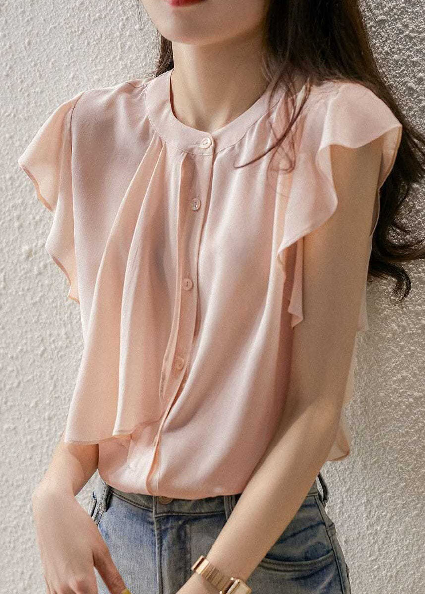 Unique Pink O Neck Patchwork Silk Top Butterfly Sleeves LY0067 - fabuloryshop