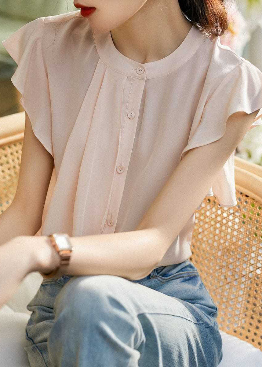 Unique Pink O Neck Patchwork Silk Top Butterfly Sleeves LY0067 - fabuloryshop