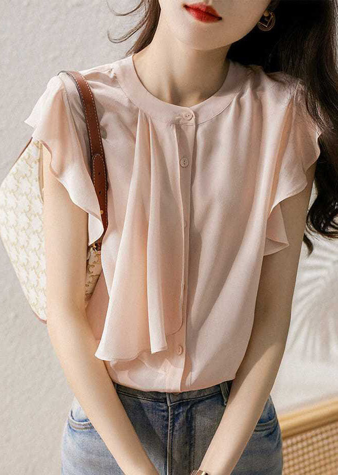 Unique Pink O Neck Patchwork Silk Top Butterfly Sleeves LY0067 - fabuloryshop