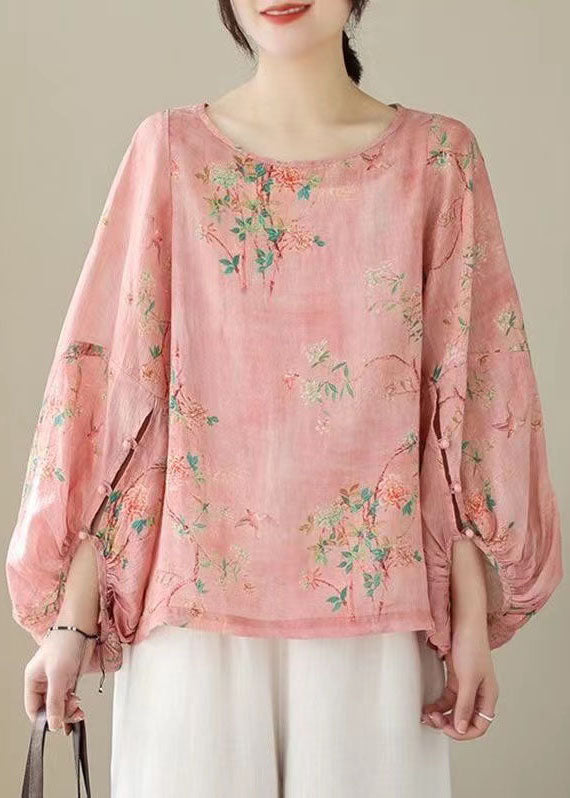 Unique Pink O Neck Print Patchwork Cotton Top Lantern Sleeve TP1001 - fabuloryshop