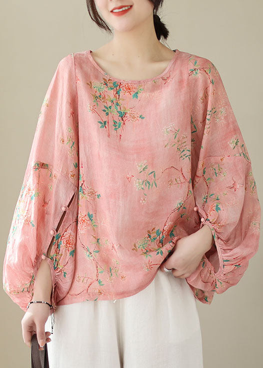 Unique Pink O Neck Print Patchwork Cotton Top Lantern Sleeve TP1001 - fabuloryshop