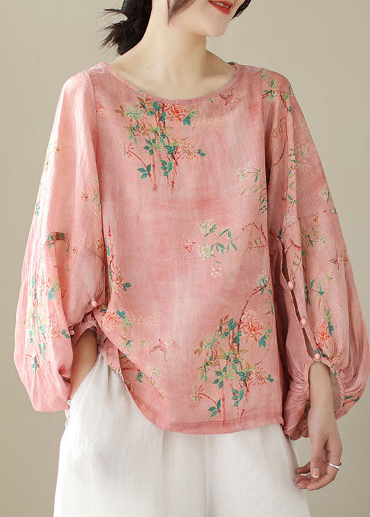 Unique Pink O Neck Print Patchwork Cotton Top Lantern Sleeve TP1001 - fabuloryshop