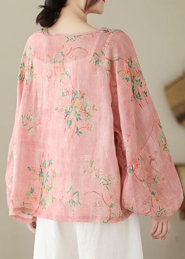 Unique Pink O Neck Print Patchwork Cotton Top Lantern Sleeve TP1001 - fabuloryshop