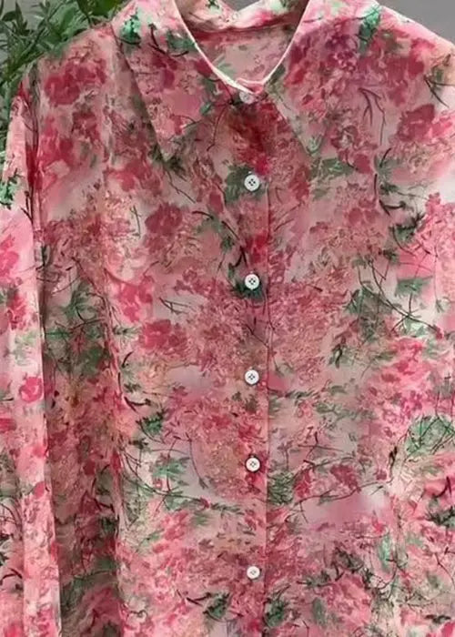 Unique Pink Peter Pan Collar Print Patchwork Cotton Blouses Fall Ada Fashion