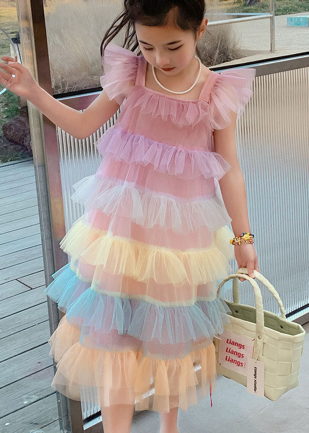 Unique Pink Ruffled Layered Patchwork Tulle Baby Girls Dress Sleeveless LY6470 Ada Fashion