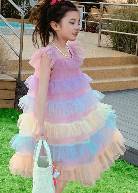 Unique Pink Ruffled Layered Patchwork Tulle Baby Girls Dress Sleeveless LY6470 Ada Fashion