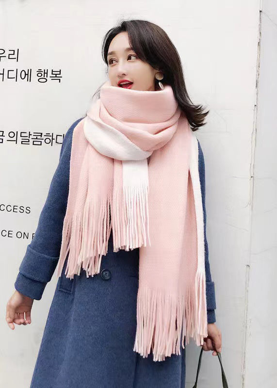 Unique Pink White Tasseled Warm Faux Cashmere Scarf Ada Fashion