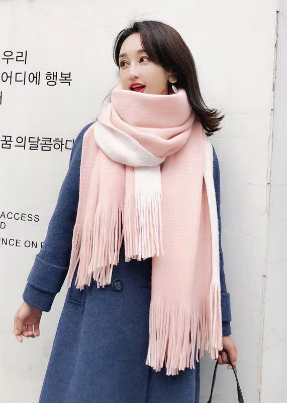 Unique Pink White Tasseled Warm Faux Cashmere Scarf Ada Fashion