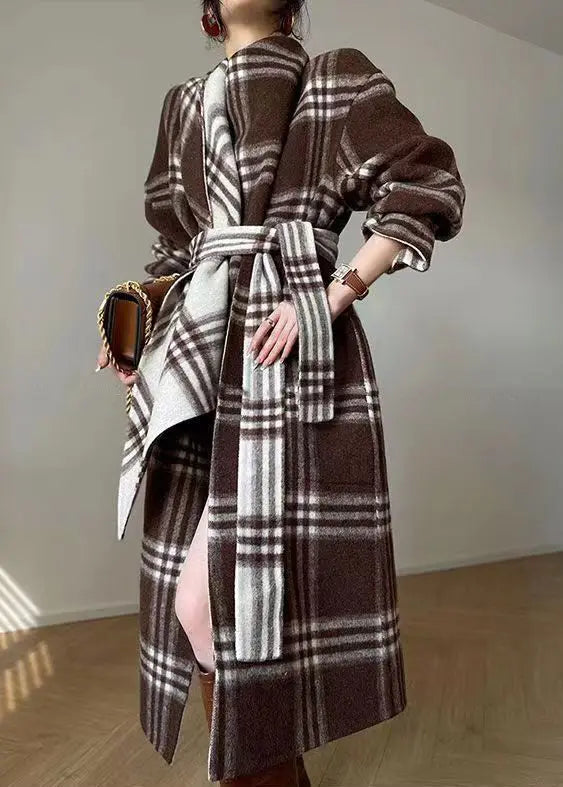 Unique Plaid Tie Waist Patchwork Wear On Both Sides Woolen Coats Fall Ada Fashion