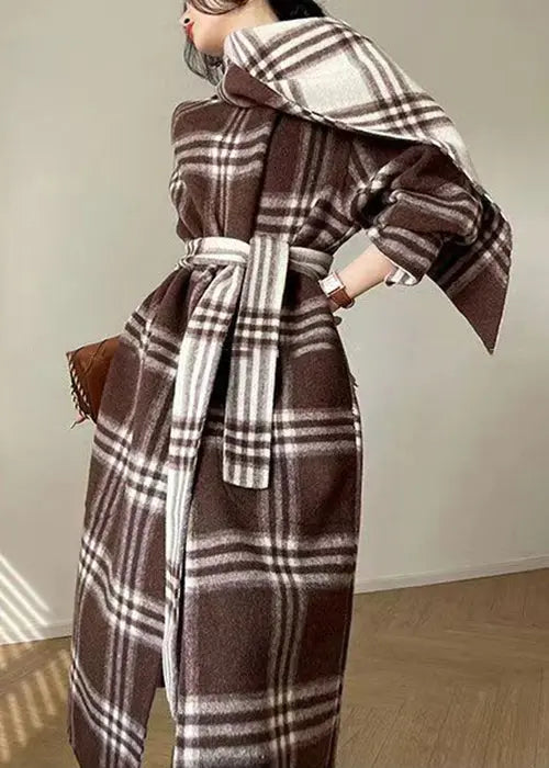 Unique Plaid Tie Waist Patchwork Wear On Both Sides Woolen Coats Fall Ada Fashion