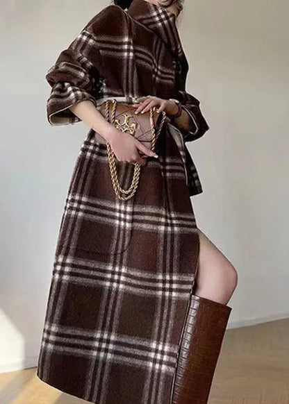 Unique Plaid Tie Waist Patchwork Wear On Both Sides Woolen Coats Fall Ada Fashion