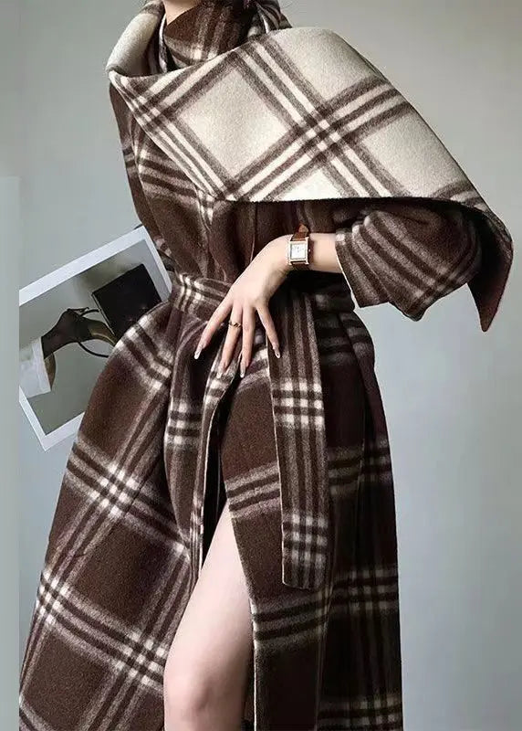 Unique Plaid Tie Waist Patchwork Wear On Both Sides Woolen Coats Fall Ada Fashion