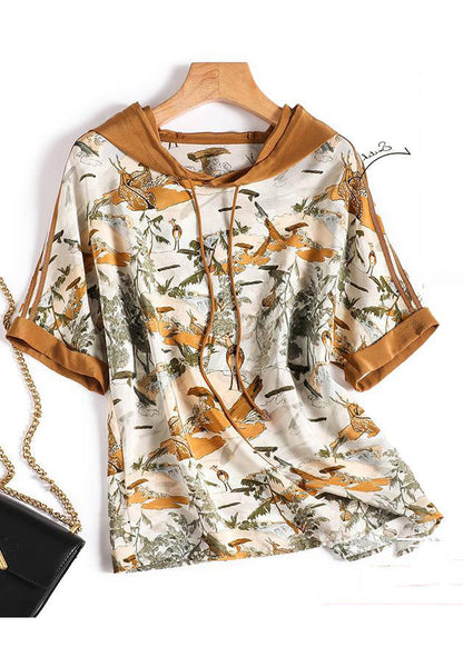 Unique Print Patchwork Drawstring Silk Hooded Top Short Sleeve LY0383 - fabuloryshop