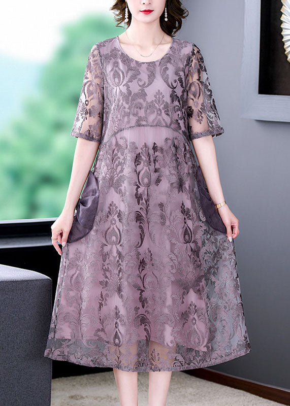 Unique Purple Embroideried Pockets Patchwork Silk Dresses Summer LY5970 Ada Fashion