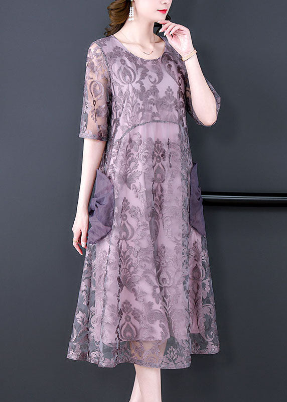 Unique Purple Embroideried Pockets Patchwork Silk Dresses Summer LY5970 Ada Fashion