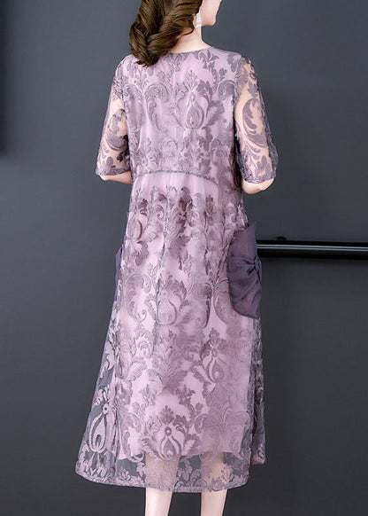 Unique Purple Embroideried Pockets Patchwork Silk Dresses Summer LY5970 Ada Fashion