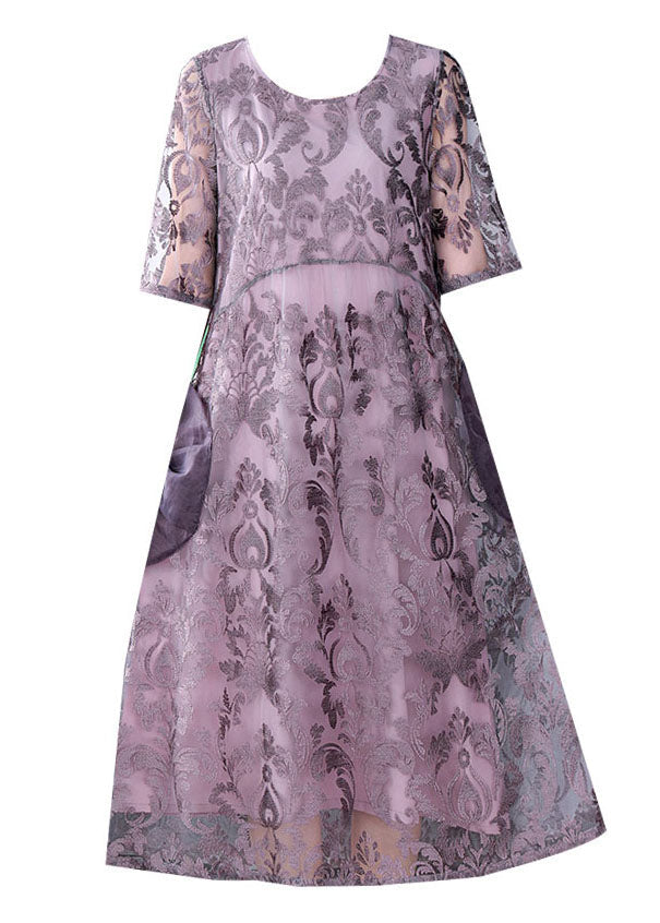 Unique Purple Embroideried Pockets Patchwork Silk Dresses Summer LY5970 Ada Fashion