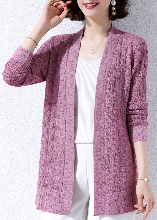 Unique Purple Hollow Out Embroideried Patchwork Knit Cardigans Fall Ada Fashion