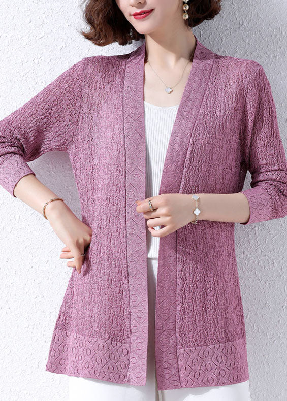 Unique Purple Hollow Out Embroideried Patchwork Knit Cardigans Fall Ada Fashion