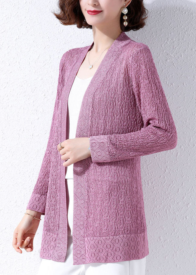 Unique Purple Hollow Out Embroideried Patchwork Knit Cardigans Fall Ada Fashion