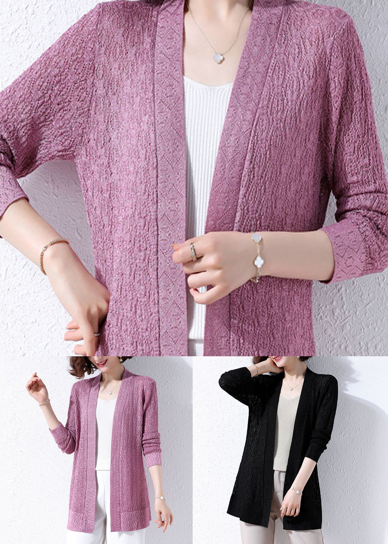 Unique Purple Hollow Out Embroideried Patchwork Knit Cardigans Fall Ada Fashion