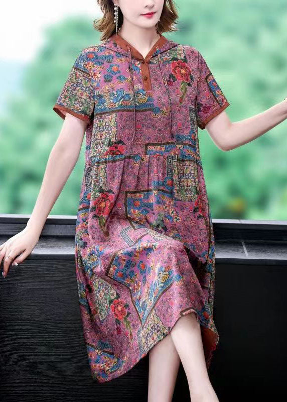 Unique Purple Hooded Print Wrinkled Patchwork Silk Dress Summer LY5992 LY5993 LY5994 Ada Fashion