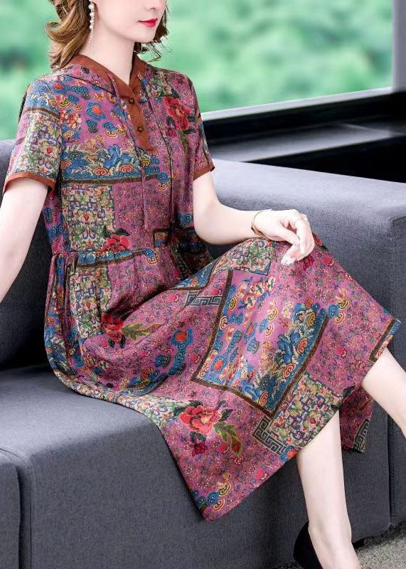 Unique Purple Hooded Print Wrinkled Patchwork Silk Dress Summer LY5992 LY5993 LY5994 Ada Fashion