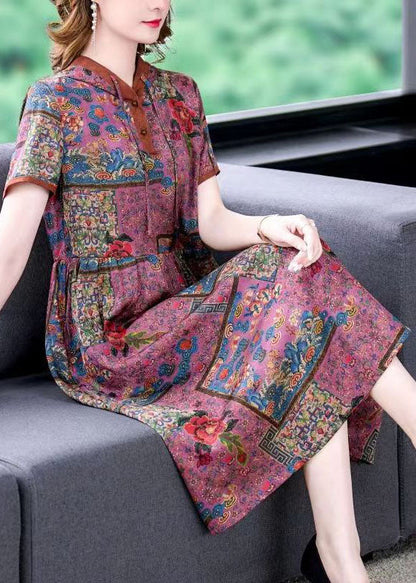 Unique Purple Hooded Print Wrinkled Patchwork Silk Dress Summer LY5992 LY5993 LY5994 Ada Fashion