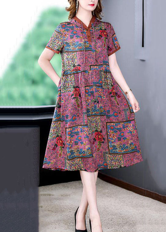 Unique Purple Hooded Print Wrinkled Patchwork Silk Dress Summer LY5992 LY5993 LY5994 Ada Fashion