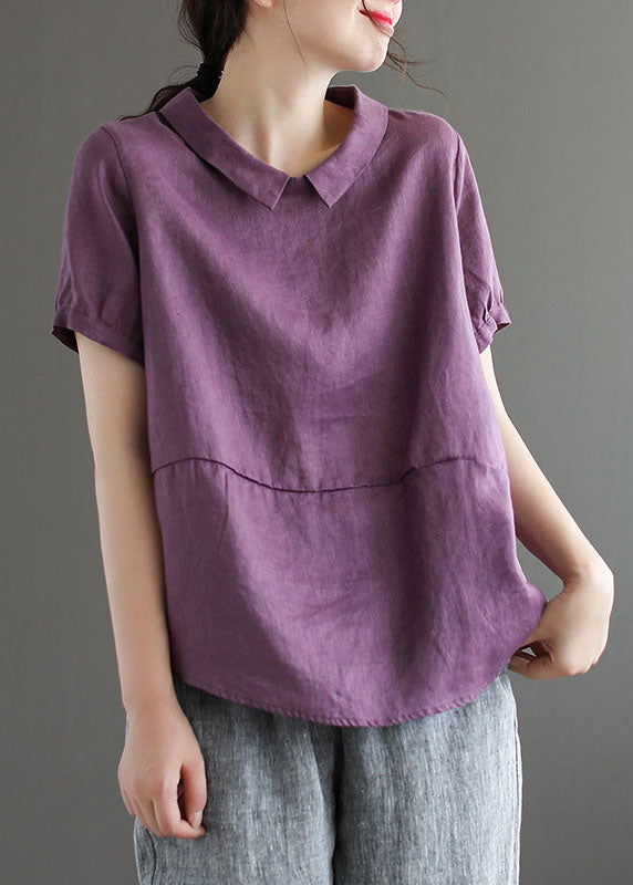 Unique Purple Peter Pan Collar Patchwork Linen T Shirts Summer Ada Fashion