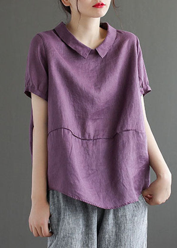 Unique Purple Peter Pan Collar Patchwork Linen T Shirts Summer Ada Fashion