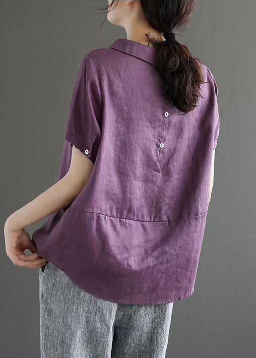 Unique Purple Peter Pan Collar Patchwork Linen T Shirts Summer Ada Fashion